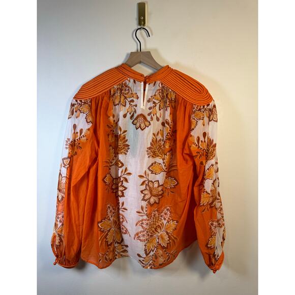 Farm Rio Aura Piping Trim Floral Print Blouse in Floral Orange Print, NWT Size M - Picture 9 of 9